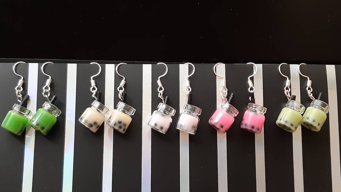 3D Boba Tea Earrings Cute Milk Tea Dangle Earrings USA Flag Earrings Stainless Steel Hook Funny Earrings Glass Bottle Earring Free shipping