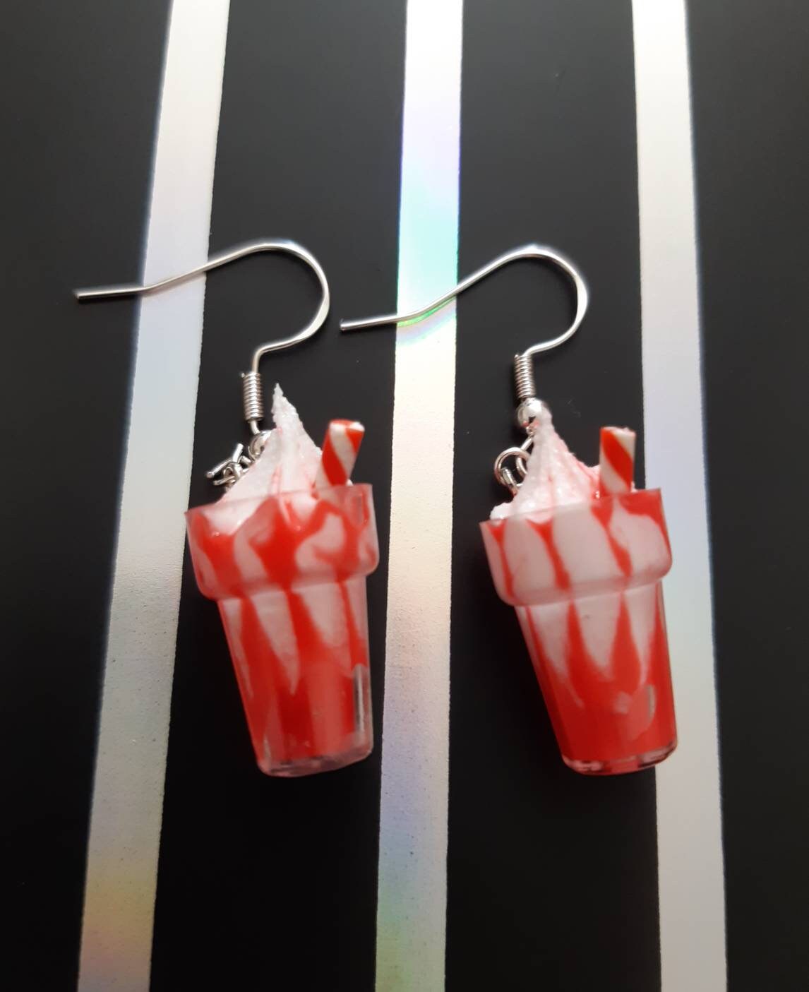 3D Milkshake Earrings Candy Cane, Blueberry Restberry Carmel Sundae Earrings Dessert Earrings 925 Sterling Silver Hooks Free Shipping