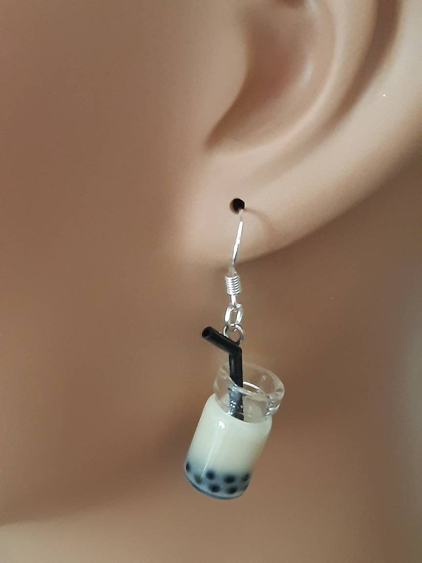 3D Boba Tea Earrings Cute Milk Tea Dangle Earrings USA Flag Earrings Stainless Steel Hook Funny Earrings Glass Bottle Earring Free shipping