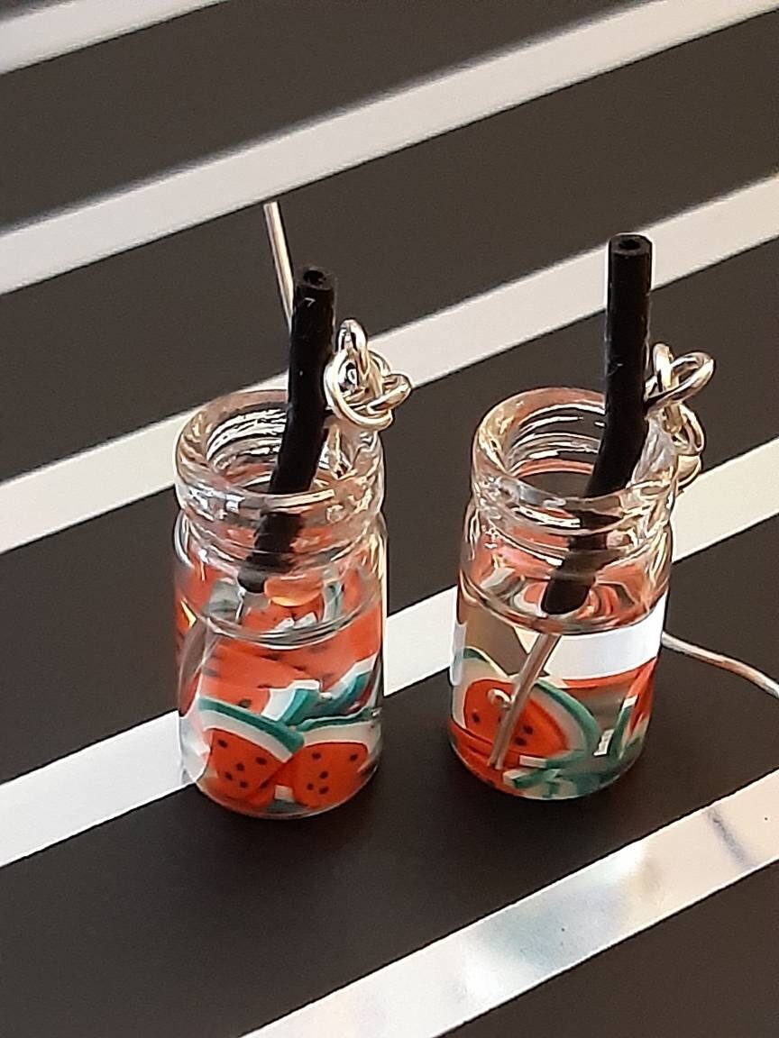 3D Cute Boba Fruit Bottle Earrings Watermelon, Apple, Orange, Grape, Strawberry, Banana, Lemon, Flower Earrings Free Shipping