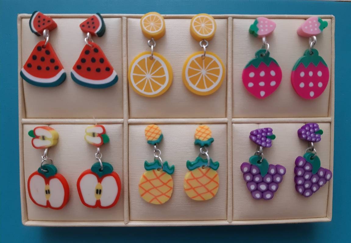 Cute Fruit 3D and Slices Earrings Cherry Watermelon Apple Orange Grape Strawberry Banana Lemon Pineapple Lightweight Earrings Free Shipping