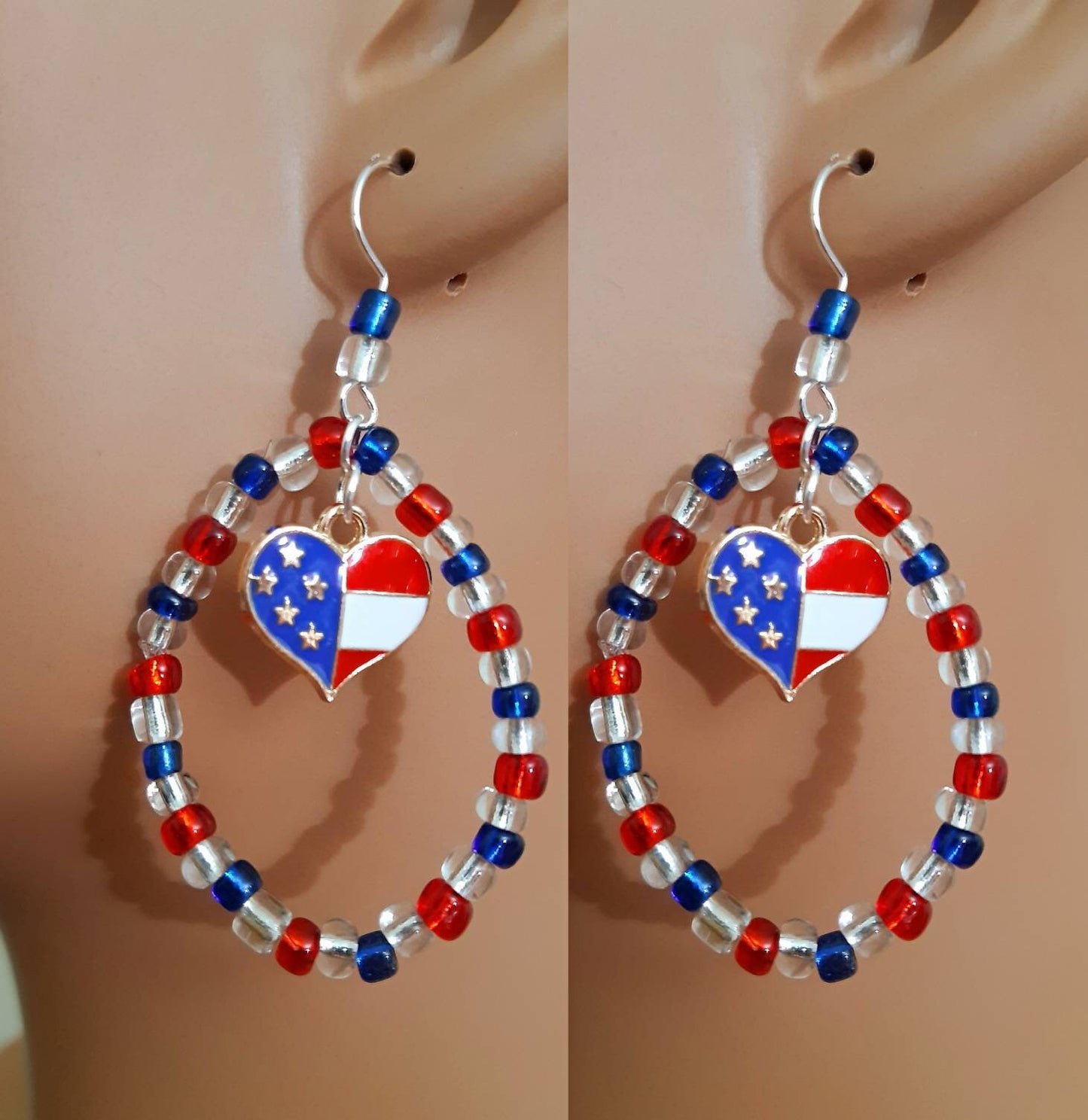 4th of July Earring Patriotic Dangle Earrings Red White Blue Heart and Flag Charms Perfects Independence Day Earring