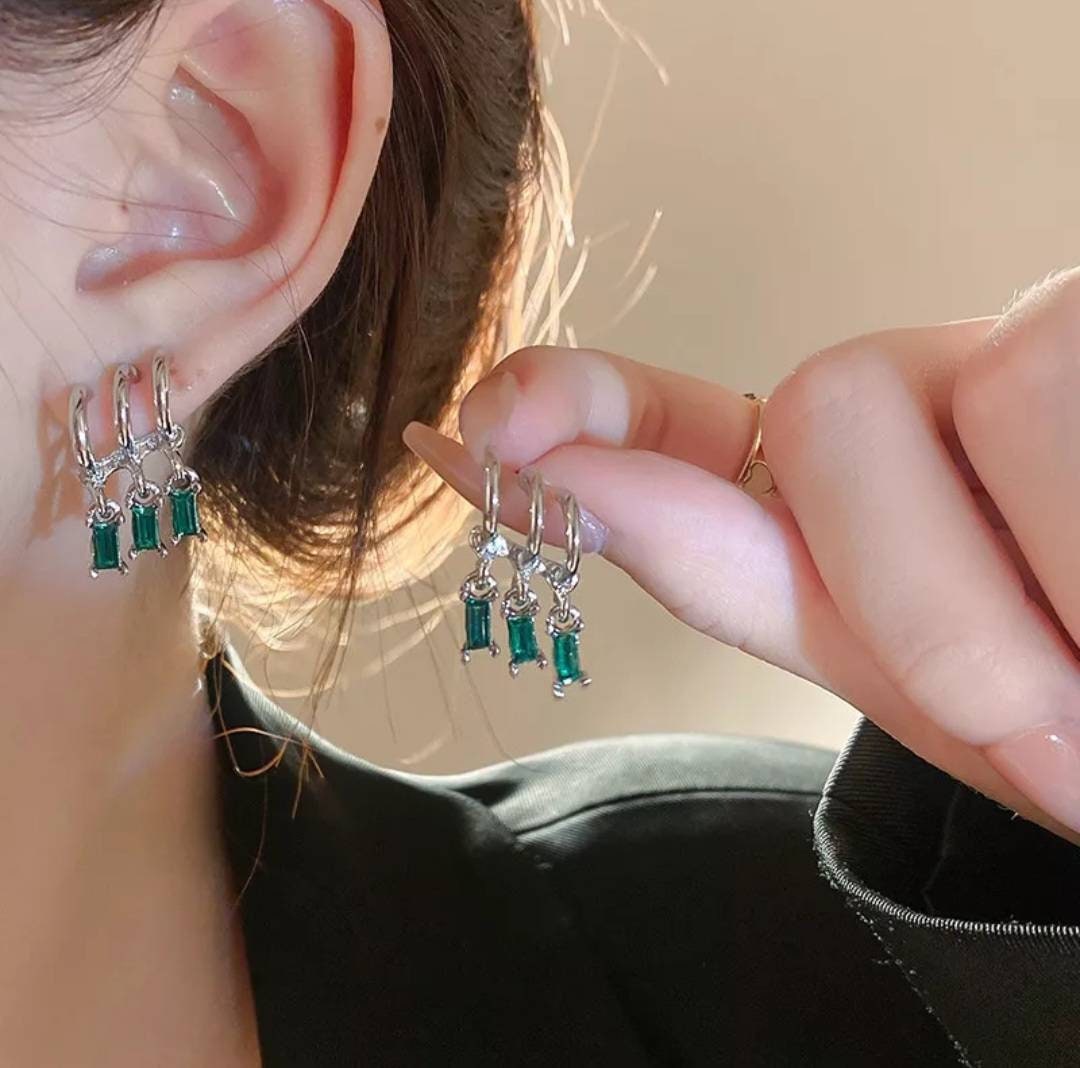 Light Luxury Black Green Crystal Tassel Earrings Three Row Earring Shiny Stud Earrings Classic Fashion Zirconia Elegant Trendy Jewelry Gifts