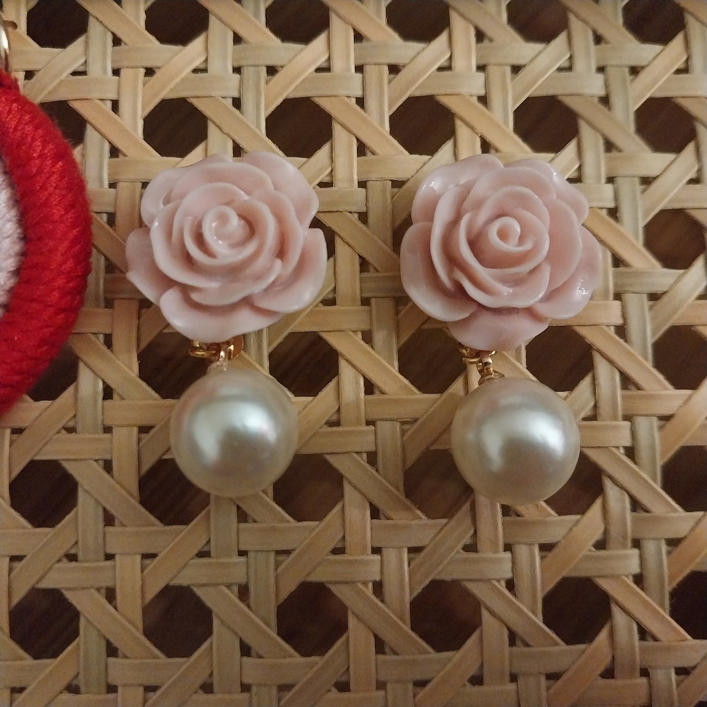 3D Flower Earrings Pink Coral Flower Pearl Earrings Pink Carved Earrings