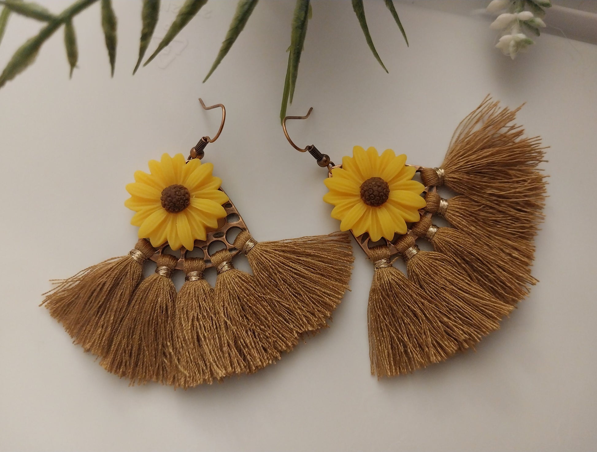 Flower Earrings Sunflower Earrings Fringe Drop Earrings Artisanal Earrings South Style Earring Unique Earring Vacation Earring Free Shipping