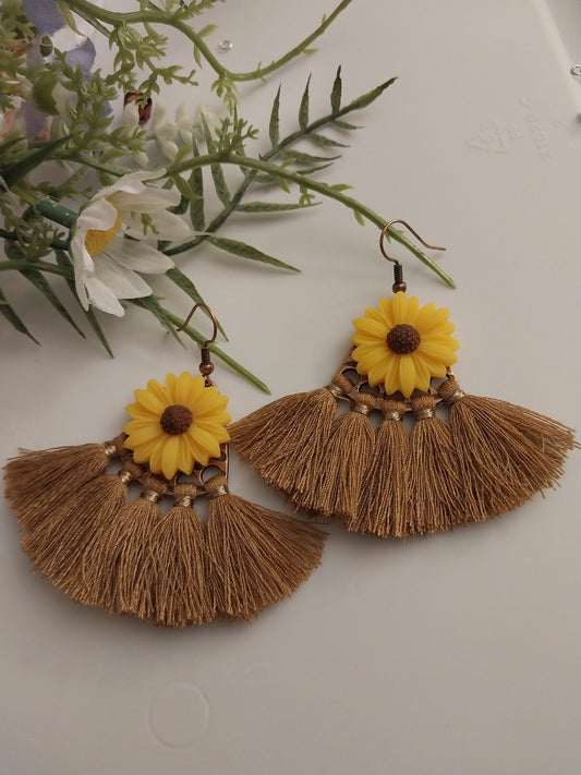 Flower Earrings Sunflower Earrings Fringe Drop Earrings Artisanal Earrings South Style Earring Unique Earring Vacation Earring Free Shipping