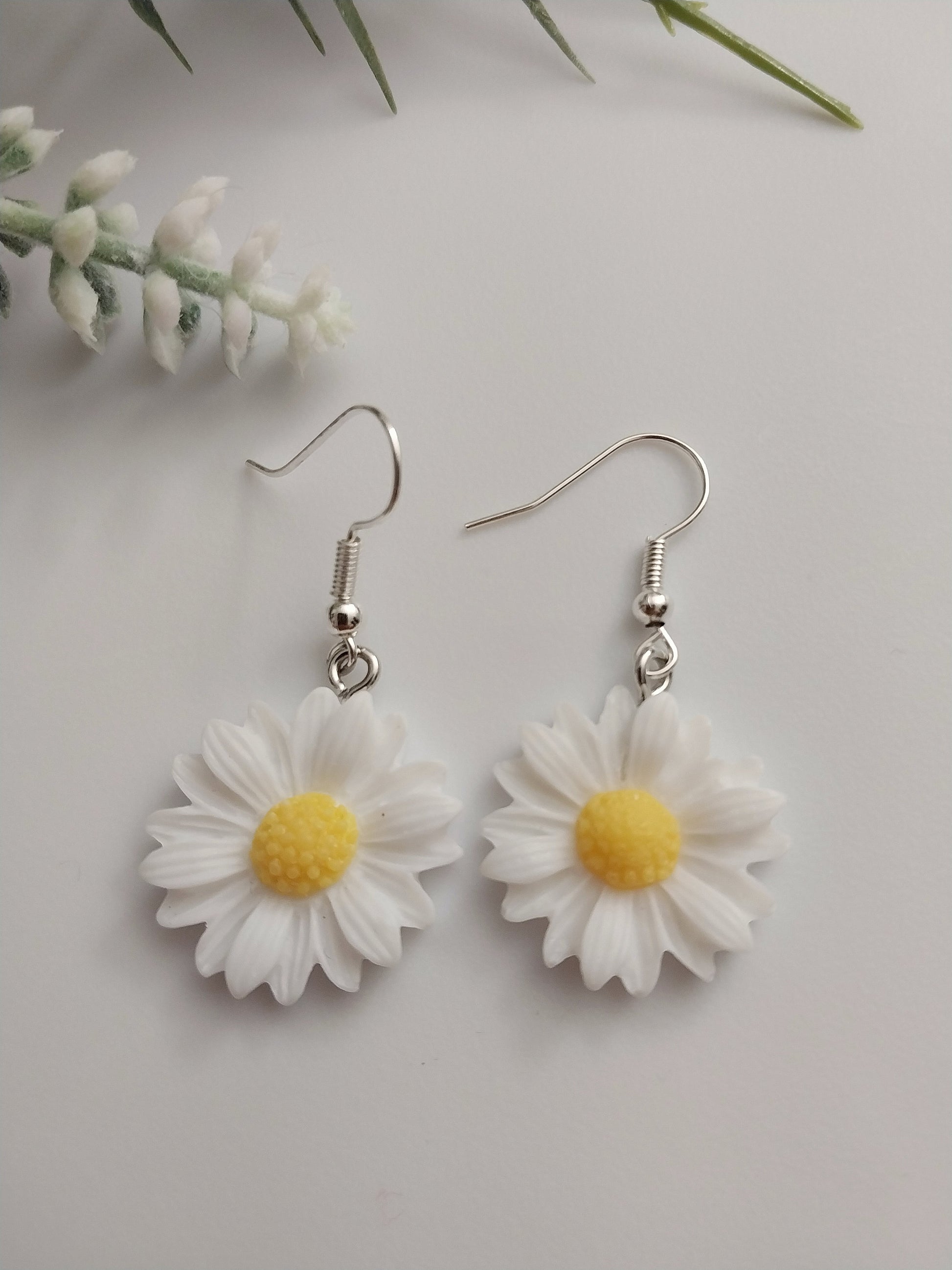 1 in 2 Flower Earrings Ovel Wooden Earrings White Flower Earrings Oval Drop Earrings Sunflower Earrings Yellow Flower Earrings Free Shipping