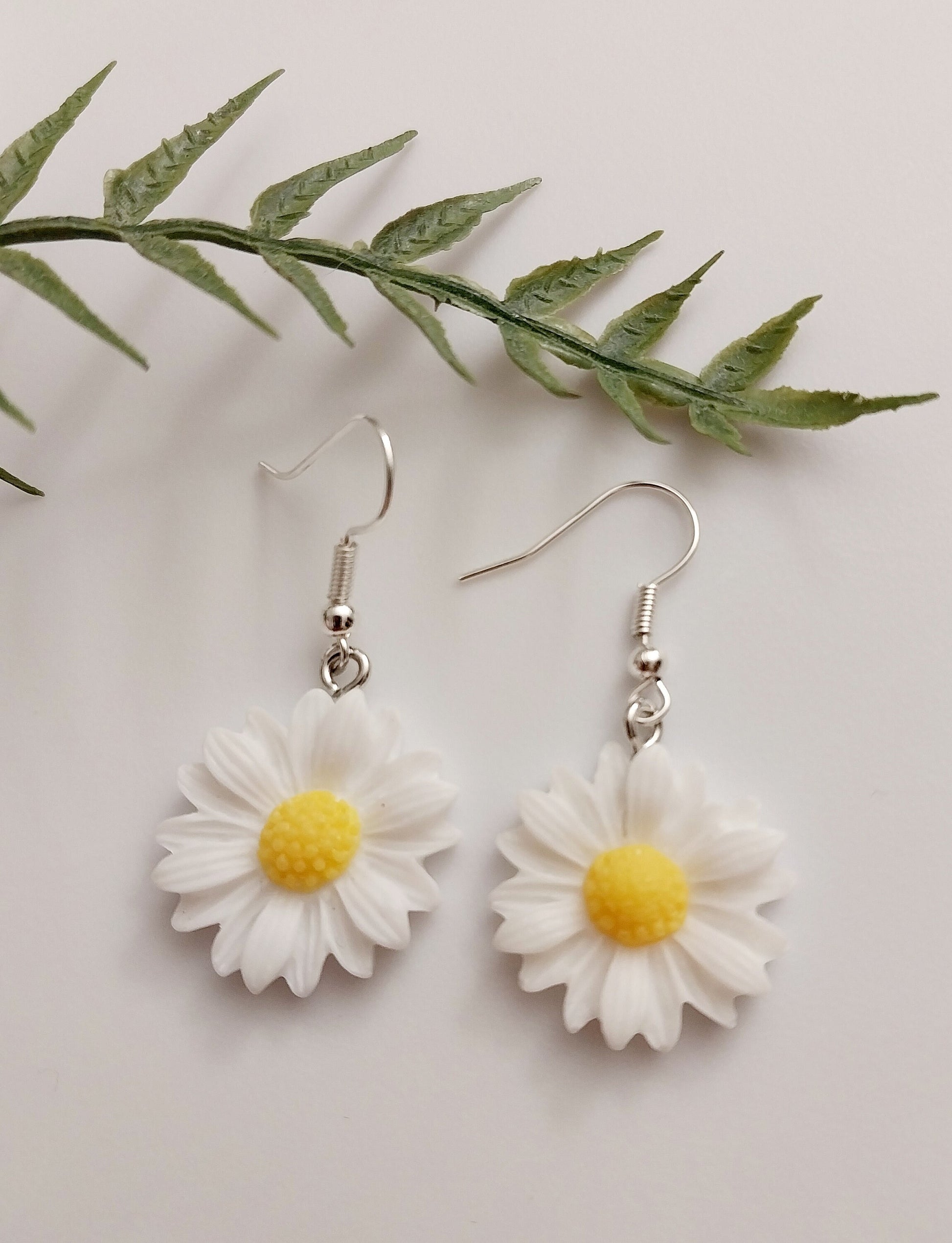 1 in 2 Flower Earrings Ovel Wooden Earrings White Flower Earrings Oval Drop Earrings Sunflower Earrings Yellow Flower Earrings Free Shipping