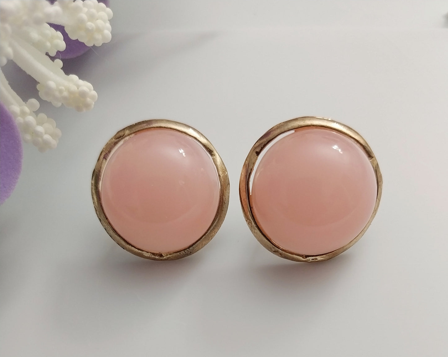 Pink Stud Earrings White Stud Earring Boho Round Pink Earrings Artisanal Earring Unique Earring 20mm Large Earring Pink Opal Color Earrings