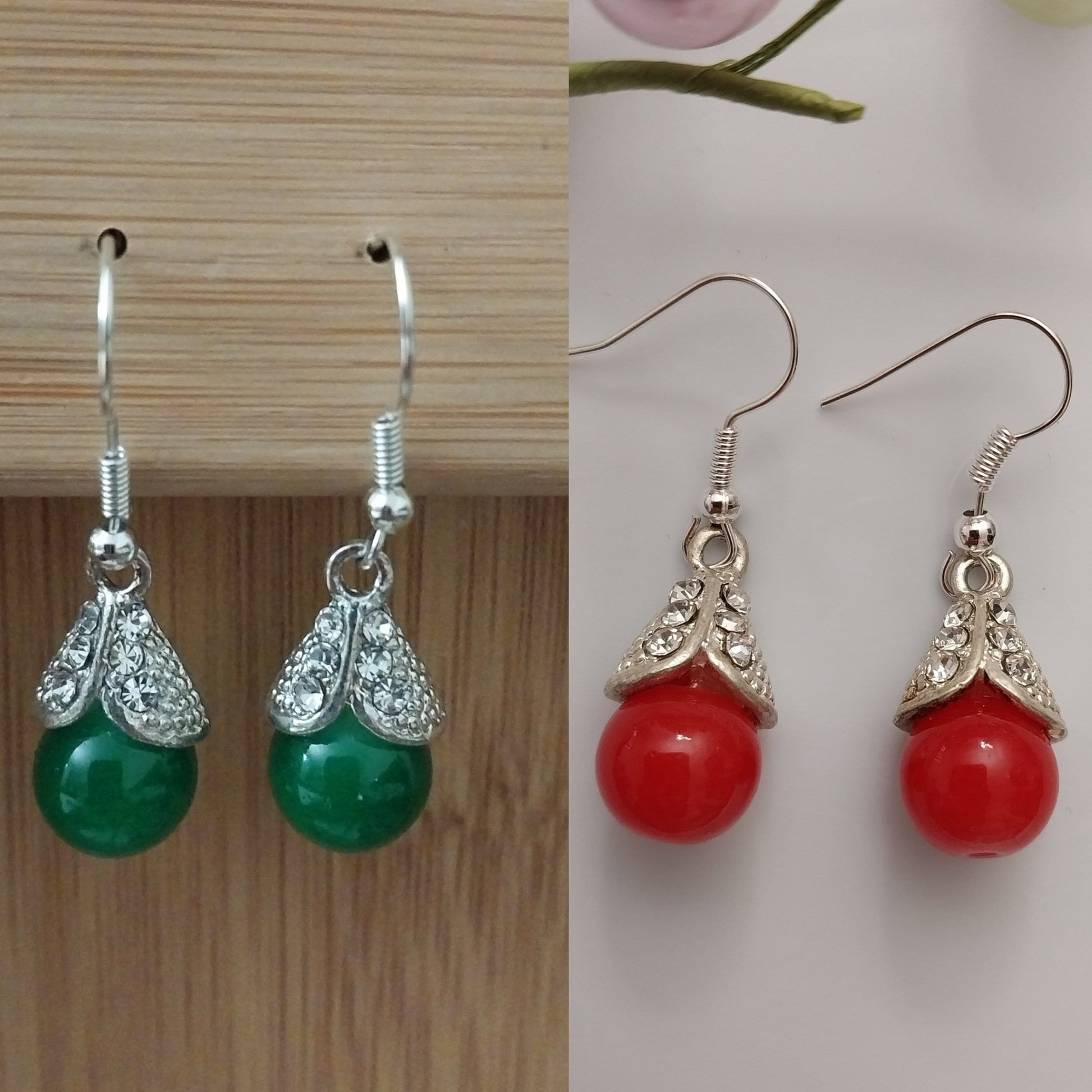 Green Drop Ball Earrings Green Drop Earrings Red Beads Jewelry Red Round Ball Earring CZ Sterling Sliver Earrings Free Shipping