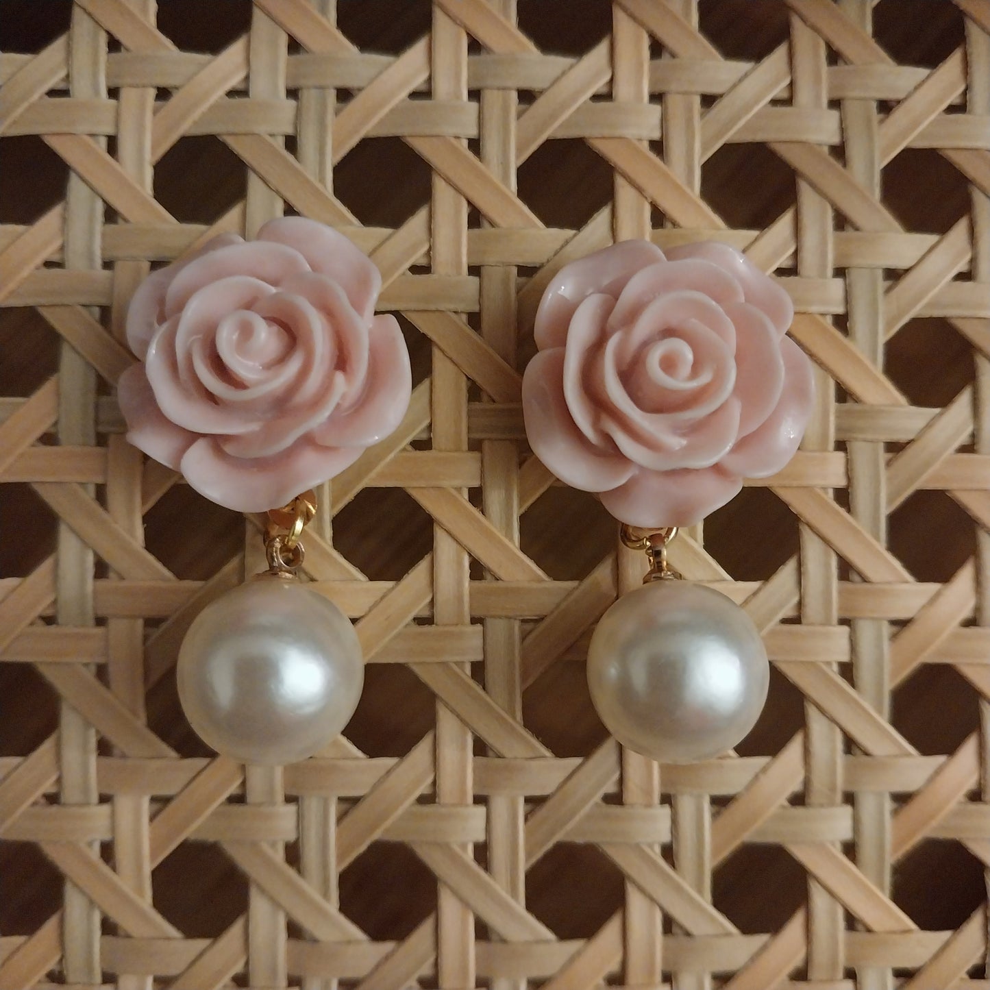 3D Flower Earrings Pink Coral Flower Pearl Earrings Pink Carved Earrings