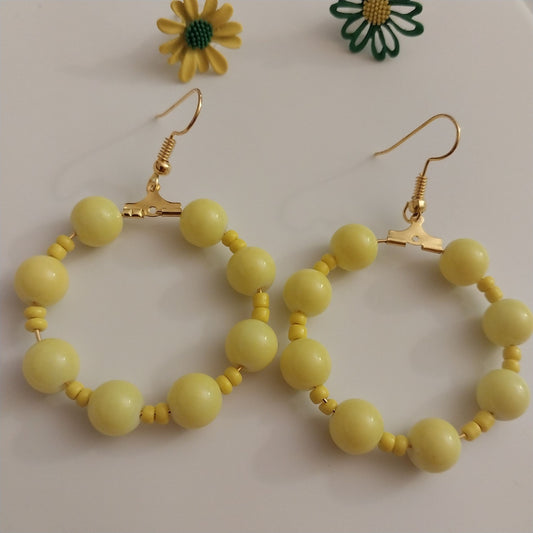 Yellow Hoop Earrings Dangle Drop Earrings Yellow Glass Beads Earrings Free Shipping