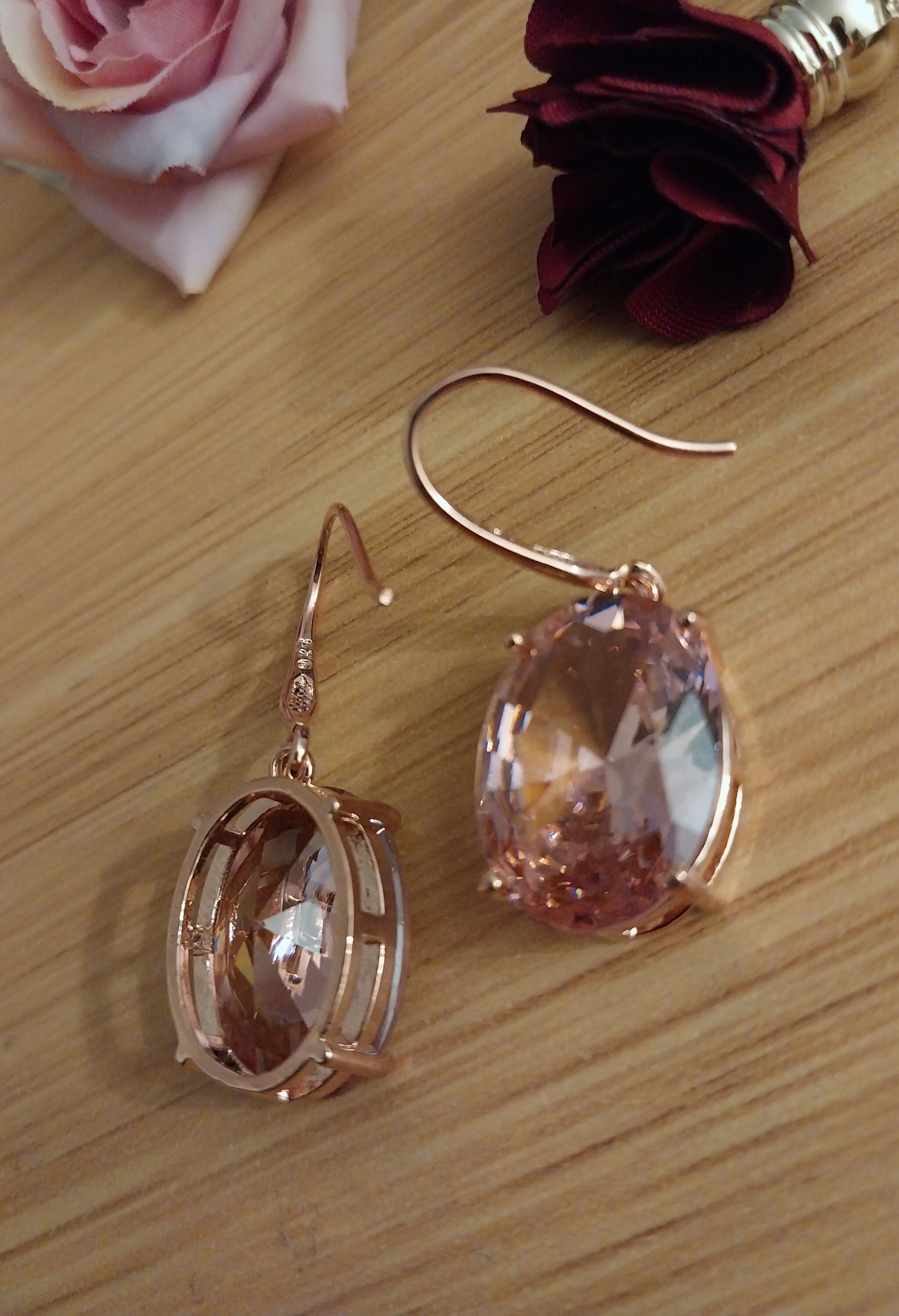 Pink Crystal Dangle Earring Simulate Morganite Tone Earring Water Sterling Silver Earrings Rose Gold Plated Sparkling High Quality Earring