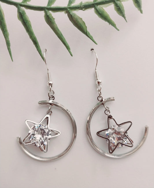 Moon with Star Earrings Sterling Silver Earrings Unique Moon Star Handmade Earrings High Quality Shiny Crystal Drop Earrings Free Shipping