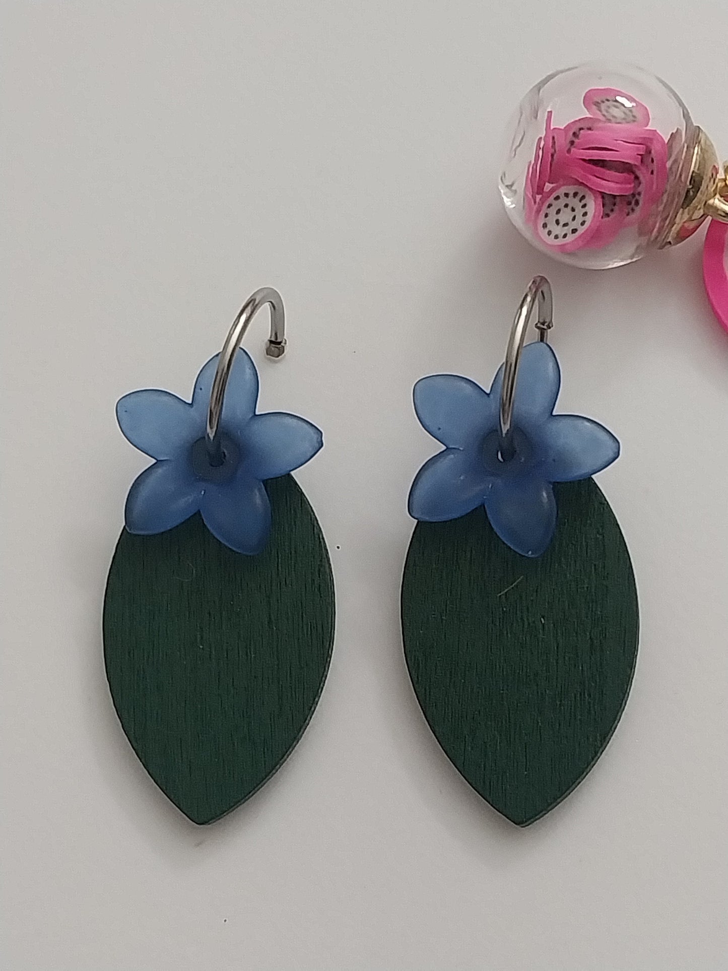 3D Leave Earrings Blue Flower Earrings Wood Leaves Earrings New Design Earring Handmade Earrings Unique Earrings Green Earring Free Shipping