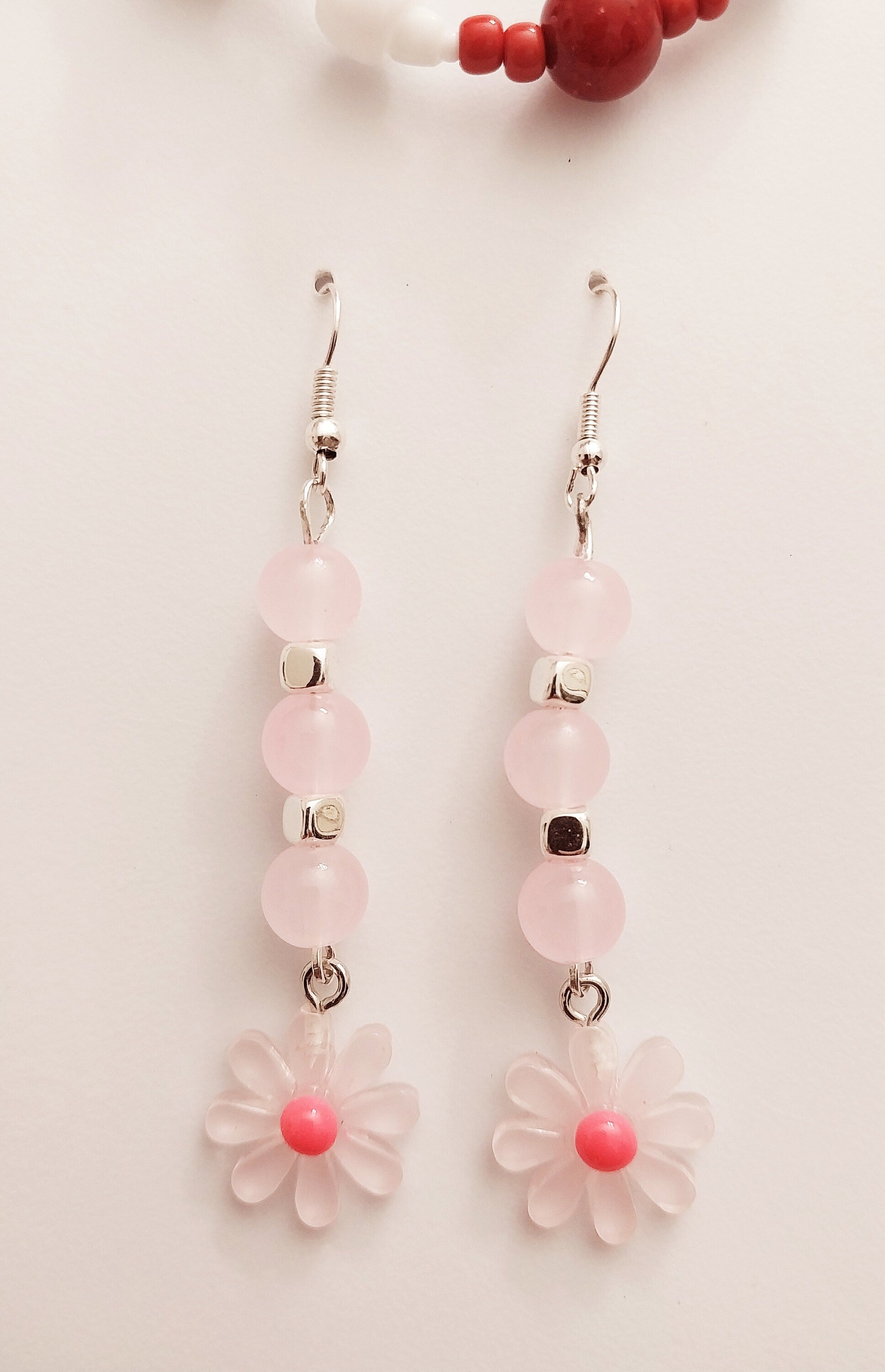 Long Pink Flower Earrings Pink Drop Earrings New Design Unique Summer Fashion Earring Long Beads Earring Handmade in USA Free Shipping