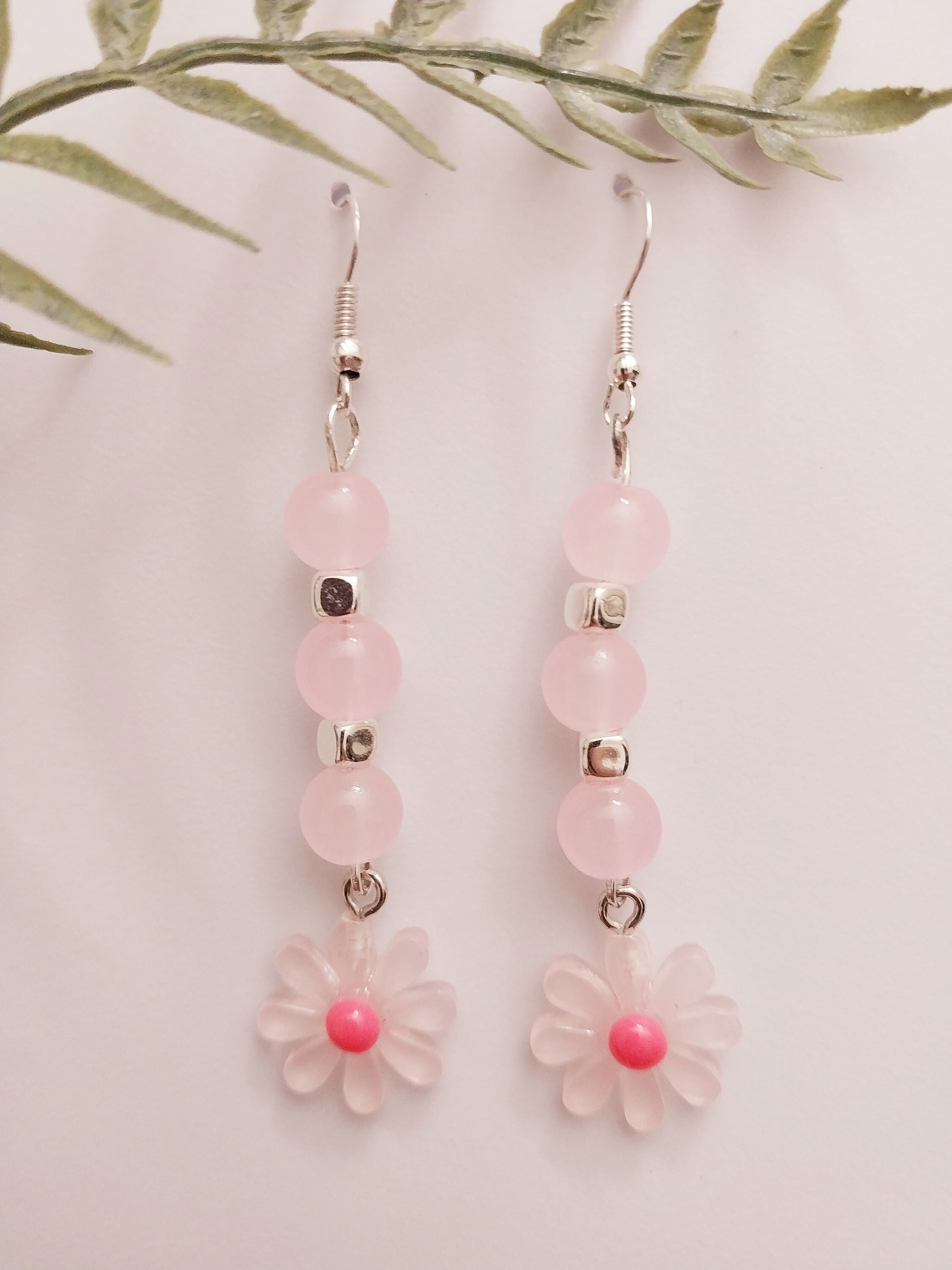 Long Pink Flower Earrings Pink Drop Earrings New Design Unique Summer Fashion Earring Long Beads Earring Handmade in USA Free Shipping