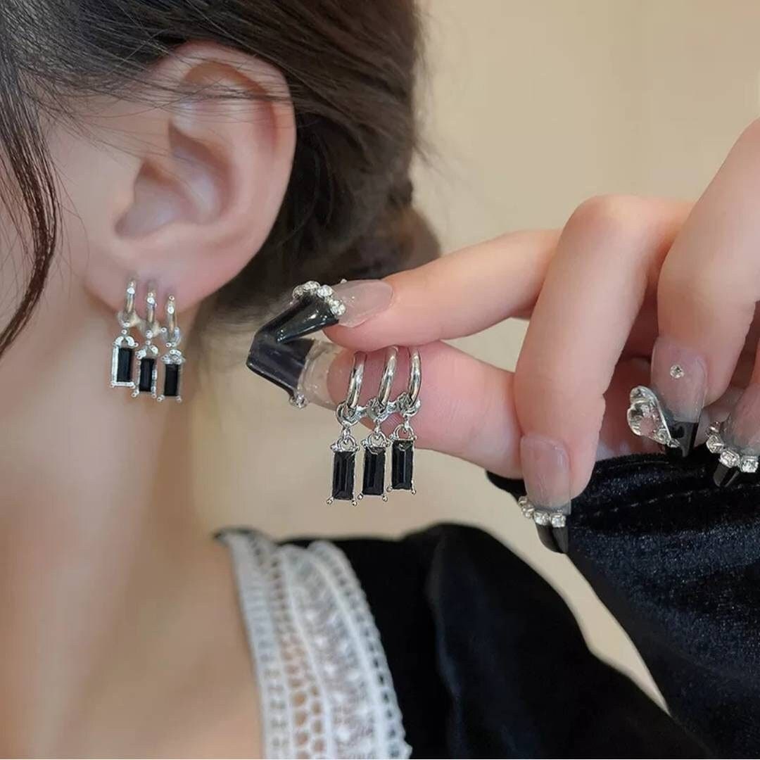 Light Luxury Black Green Crystal Tassel Earrings Three Row Earring Shiny Stud Earrings Classic Fashion Zirconia Elegant Trendy Jewelry Gifts