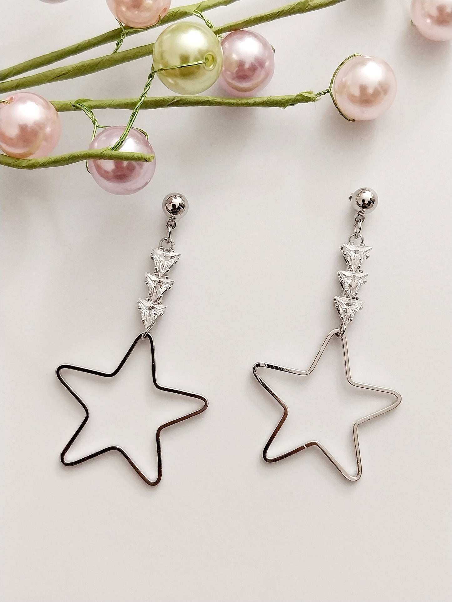 Sterling Silver Star Drop Earrings CZ Sparkling Large Star Earrings Handmade Unique Design High Quality Free Shipping