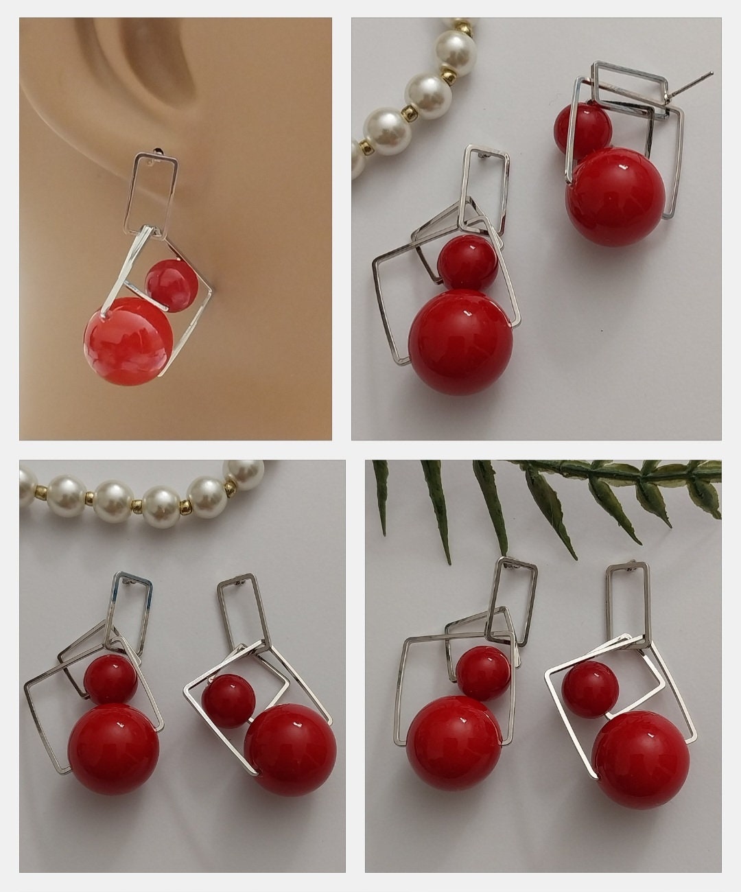 Modern Giant Earring Red Ball Drop Earrings Sterling Steel Double Ball Earring Rectangle Earrings New Design