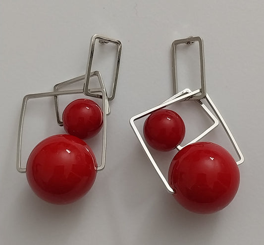 Modern Giant Earring Red Ball Drop Earrings Sterling Steel Double Ball Earring Rectangle Earrings New Design