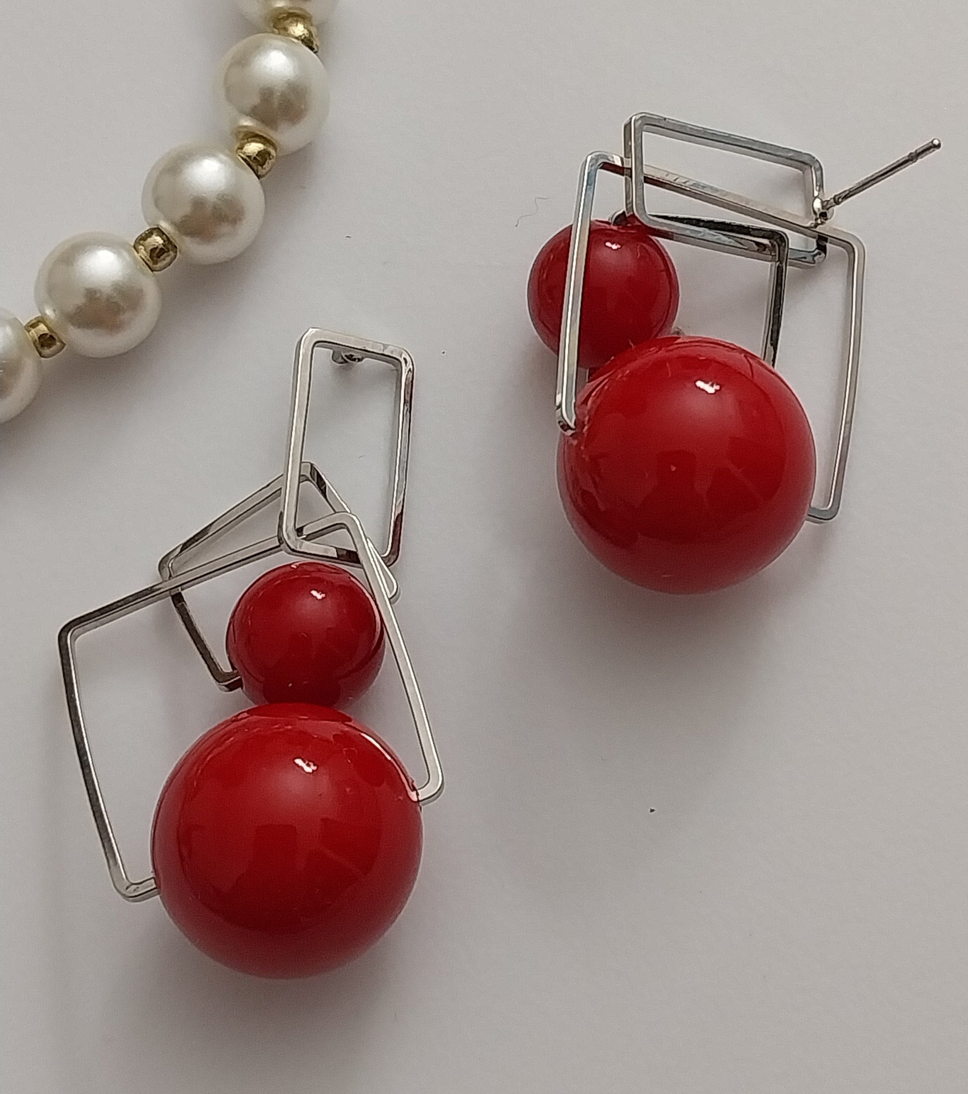 Modern Giant Earring Red Ball Drop Earrings Sterling Steel Double Ball Earring Rectangle Earrings New Design