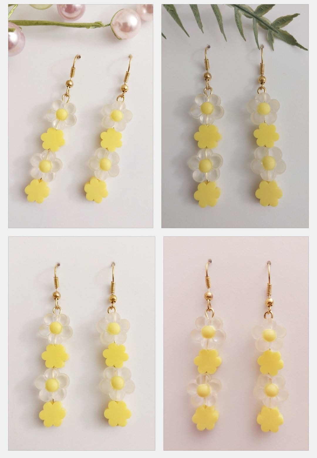 Yellow Flower Earring White Flower Drop Earring Handmade Romantic Celebration Earring New Unique Design Handmade Cute Long Flower Earring