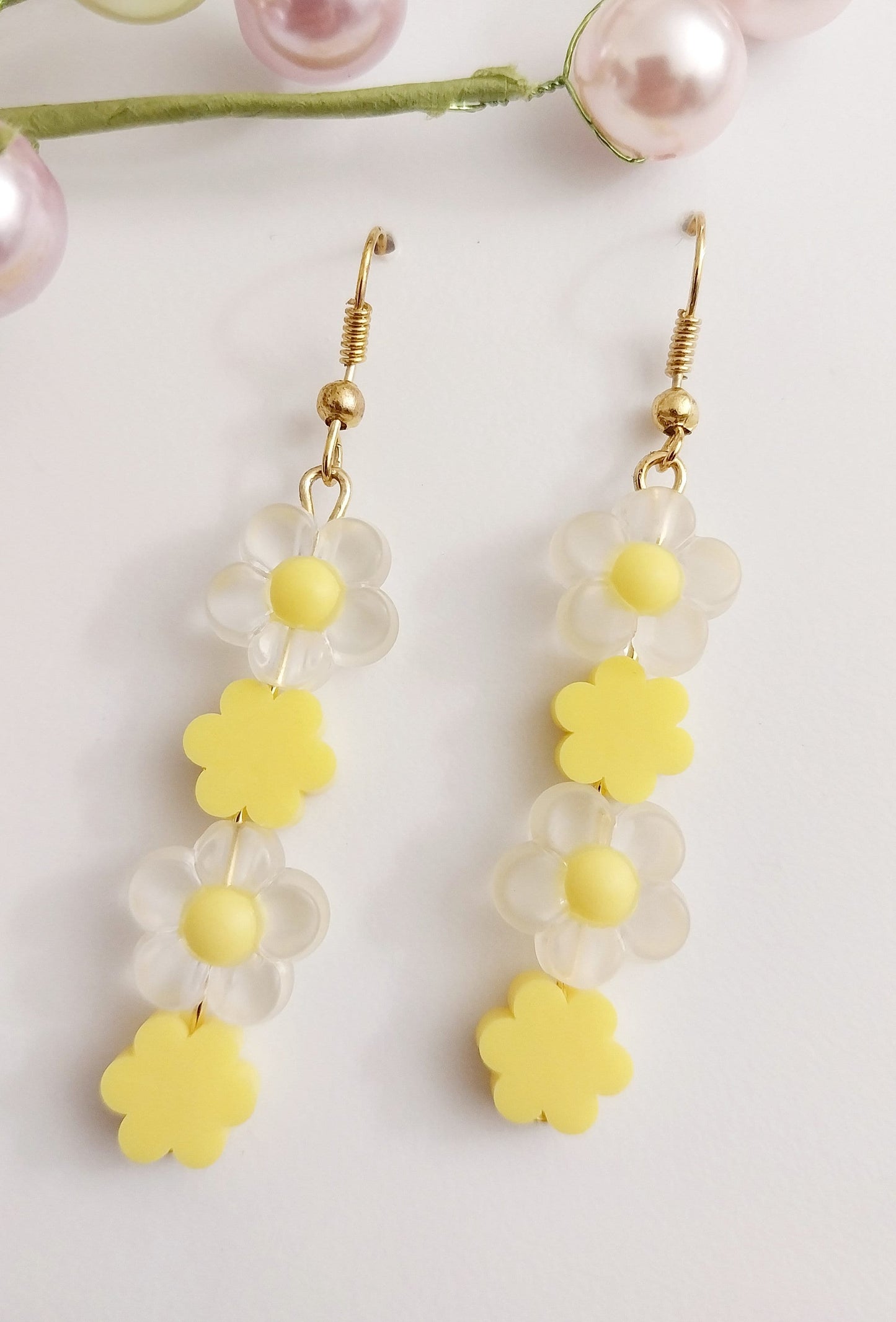 Yellow Flower Earring White Flower Drop Earring Handmade Romantic Celebration Earring New Unique Design Handmade Cute Long Flower Earring