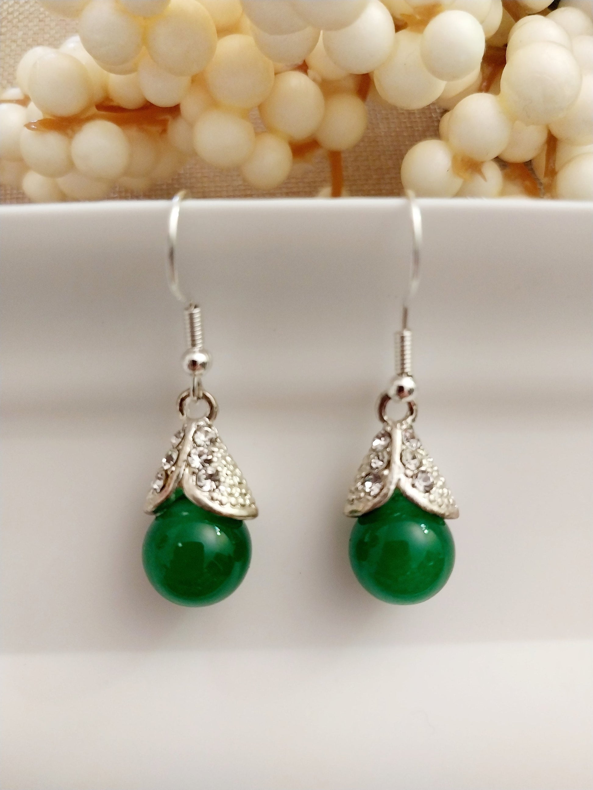 Green Drop Ball Earrings Green Drop Earrings Red Beads Jewelry Red Round Ball Earring CZ Sterling Sliver Earrings Free Shipping