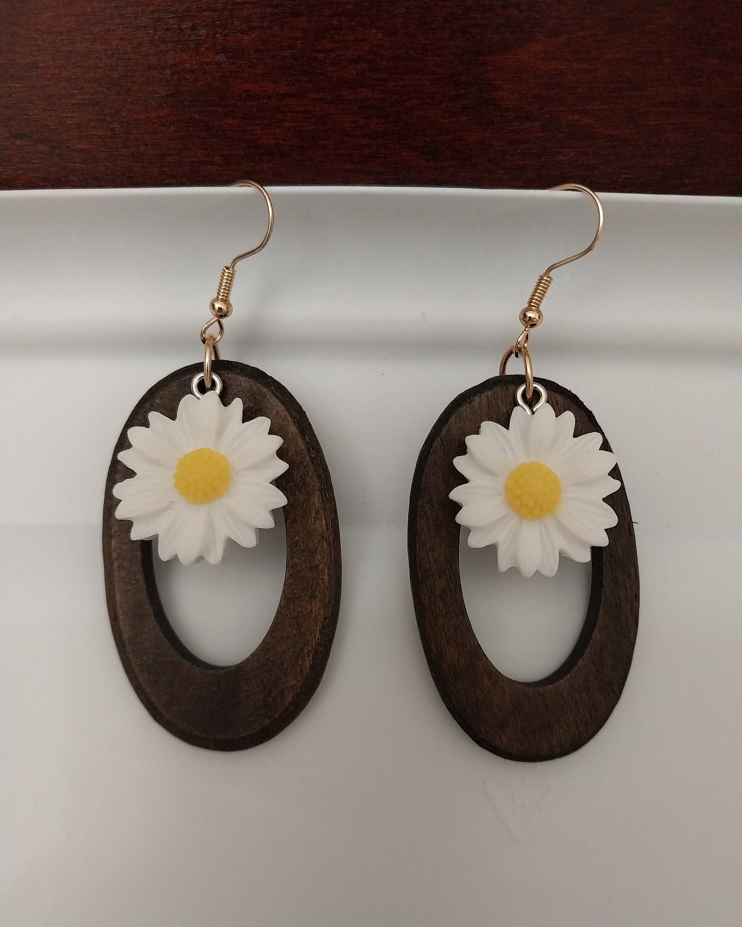 1 in 2 Flower Earrings Ovel Wooden Earrings White Flower Earrings Oval Drop Earrings Sunflower Earrings Yellow Flower Earrings Free Shipping