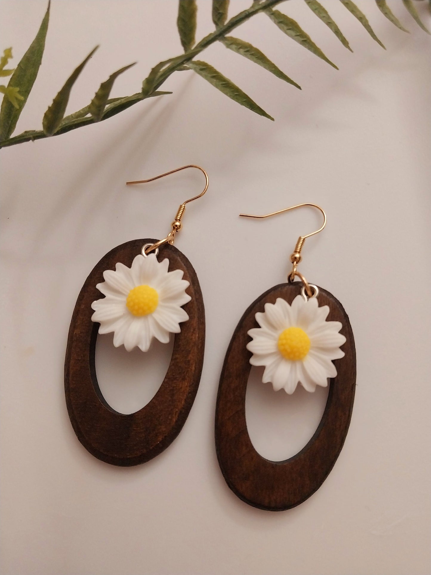 1 in 2 Flower Earrings Ovel Wooden Earrings White Flower Earrings Oval Drop Earrings Sunflower Earrings Yellow Flower Earrings Free Shipping