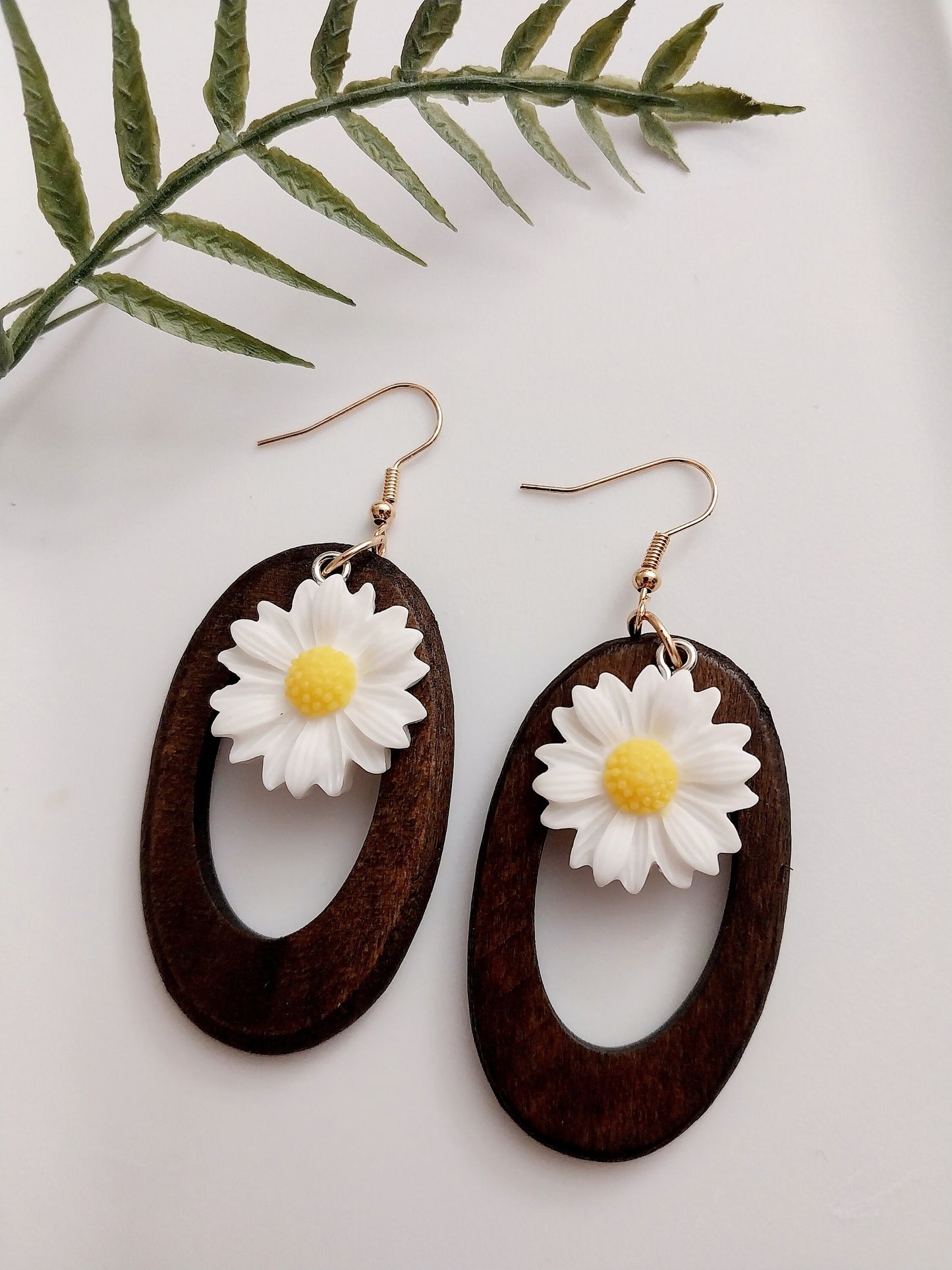 1 in 2 Flower Earrings Ovel Wooden Earrings White Flower Earrings Oval Drop Earrings Sunflower Earrings Yellow Flower Earrings Free Shipping