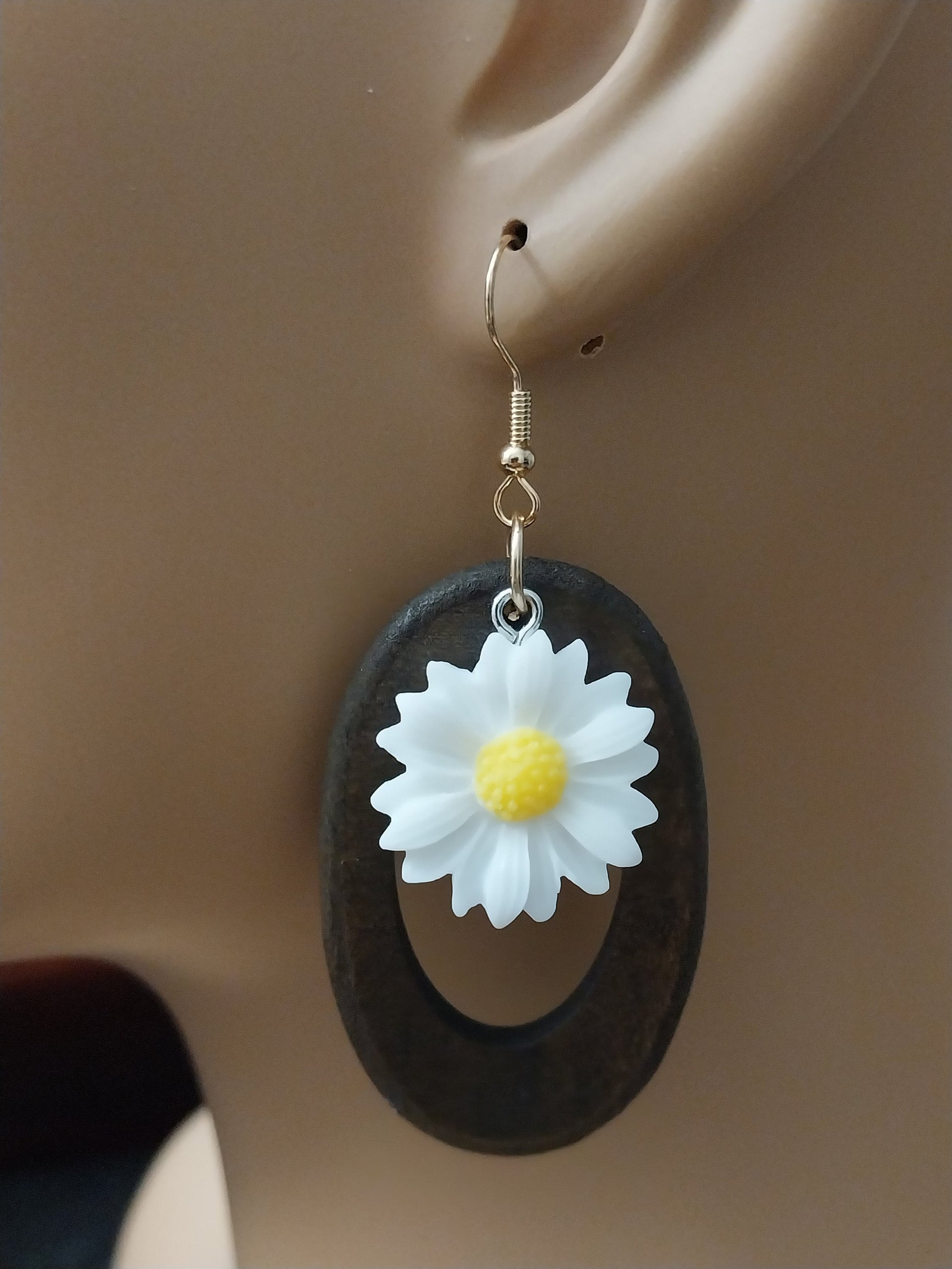 1 in 2 Flower Earrings Ovel Wooden Earrings White Flower Earrings Oval Drop Earrings Sunflower Earrings Yellow Flower Earrings Free Shipping