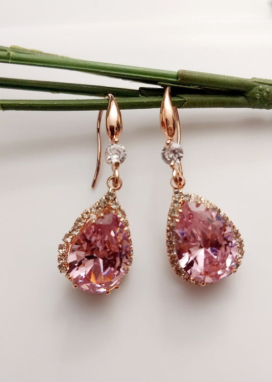 Pink Crystal Dangle Earring Simulate Morganite Tone Earring Water Sterling Silver Earrings Rose Gold Plated Sparkling High Quality Earring