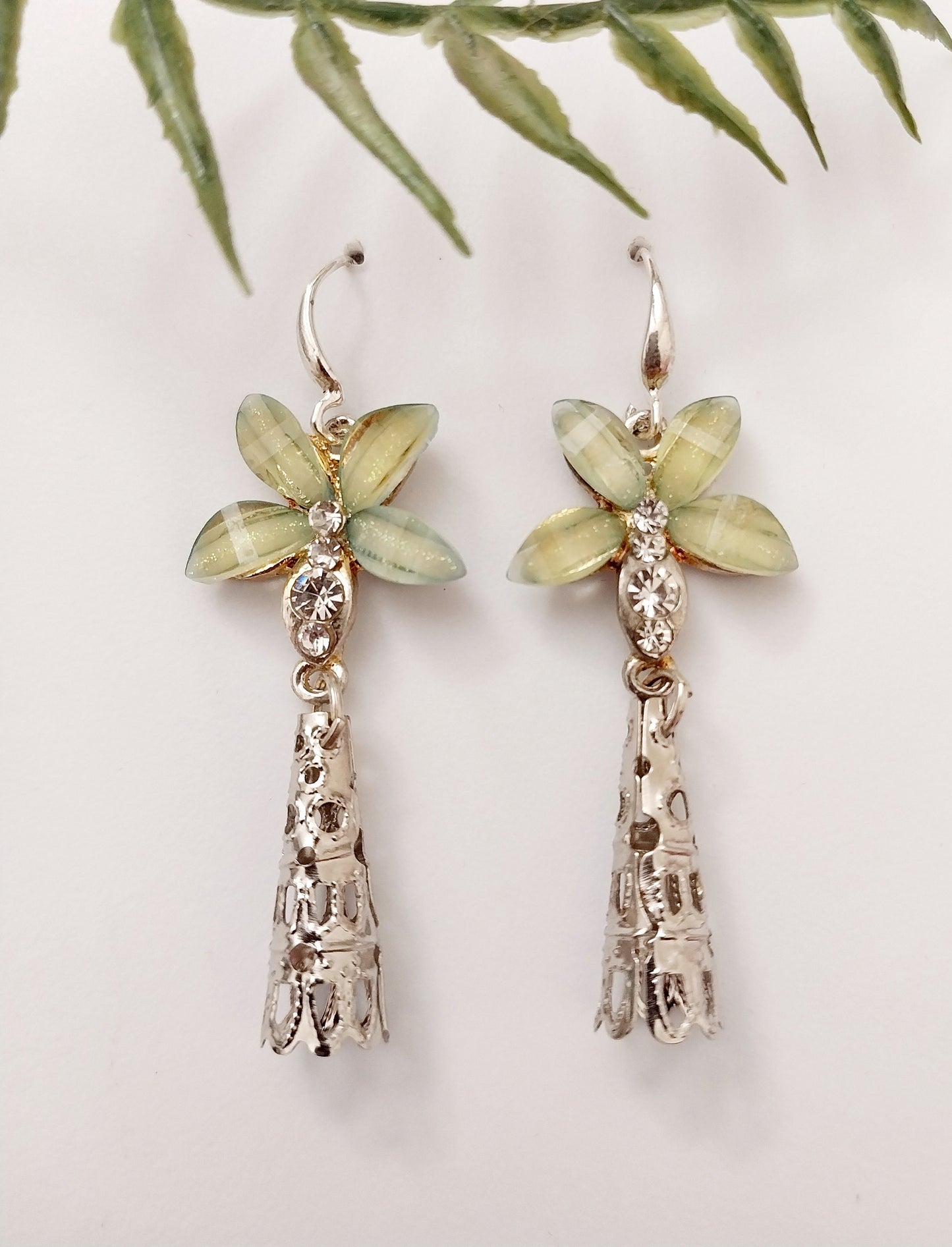 Only One Pair Sterling Silver Green Flower Earrings Ivy Flower Jewelry CZ Anise Earring Handmade Unique Design Garden Long Earring