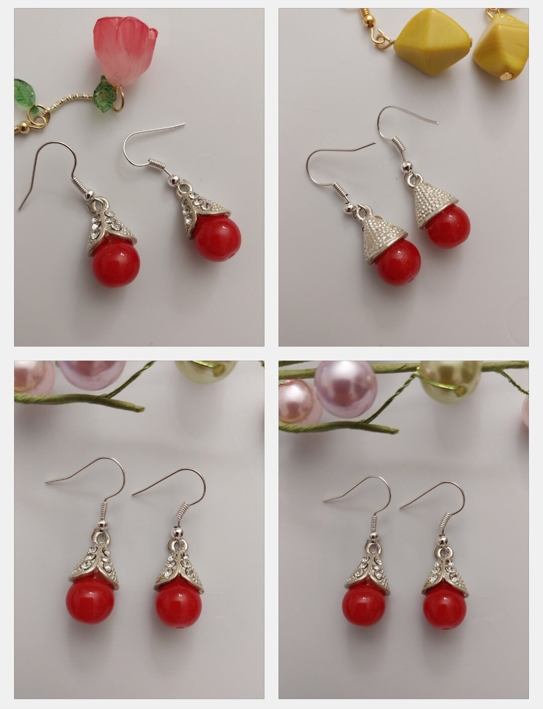 Green Drop Ball Earrings Green Drop Earrings Red Beads Jewelry Red Round Ball Earring CZ Sterling Sliver Earrings Free Shipping