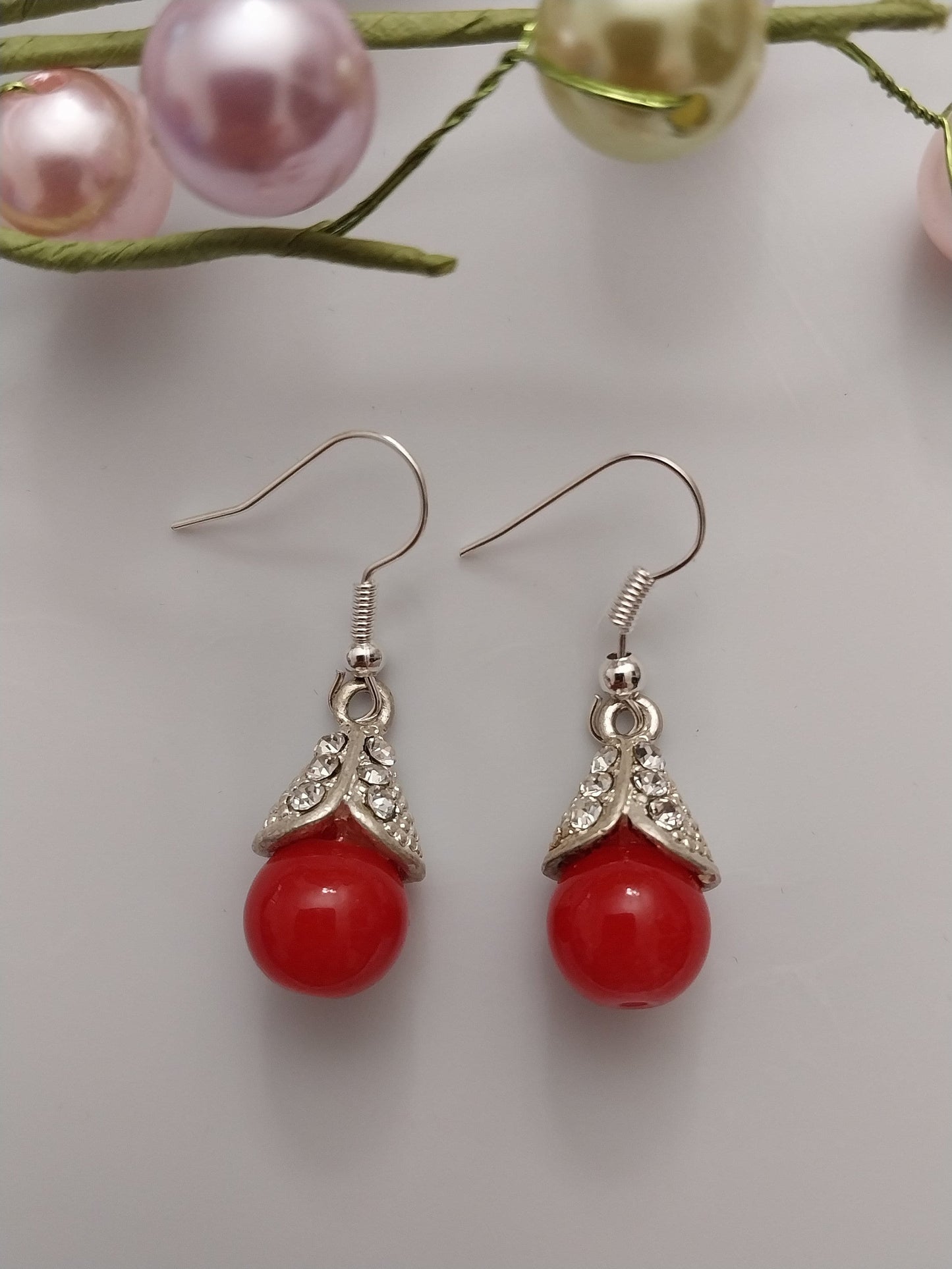 Green Drop Ball Earrings Green Drop Earrings Red Beads Jewelry Red Round Ball Earring CZ Sterling Sliver Earrings Free Shipping