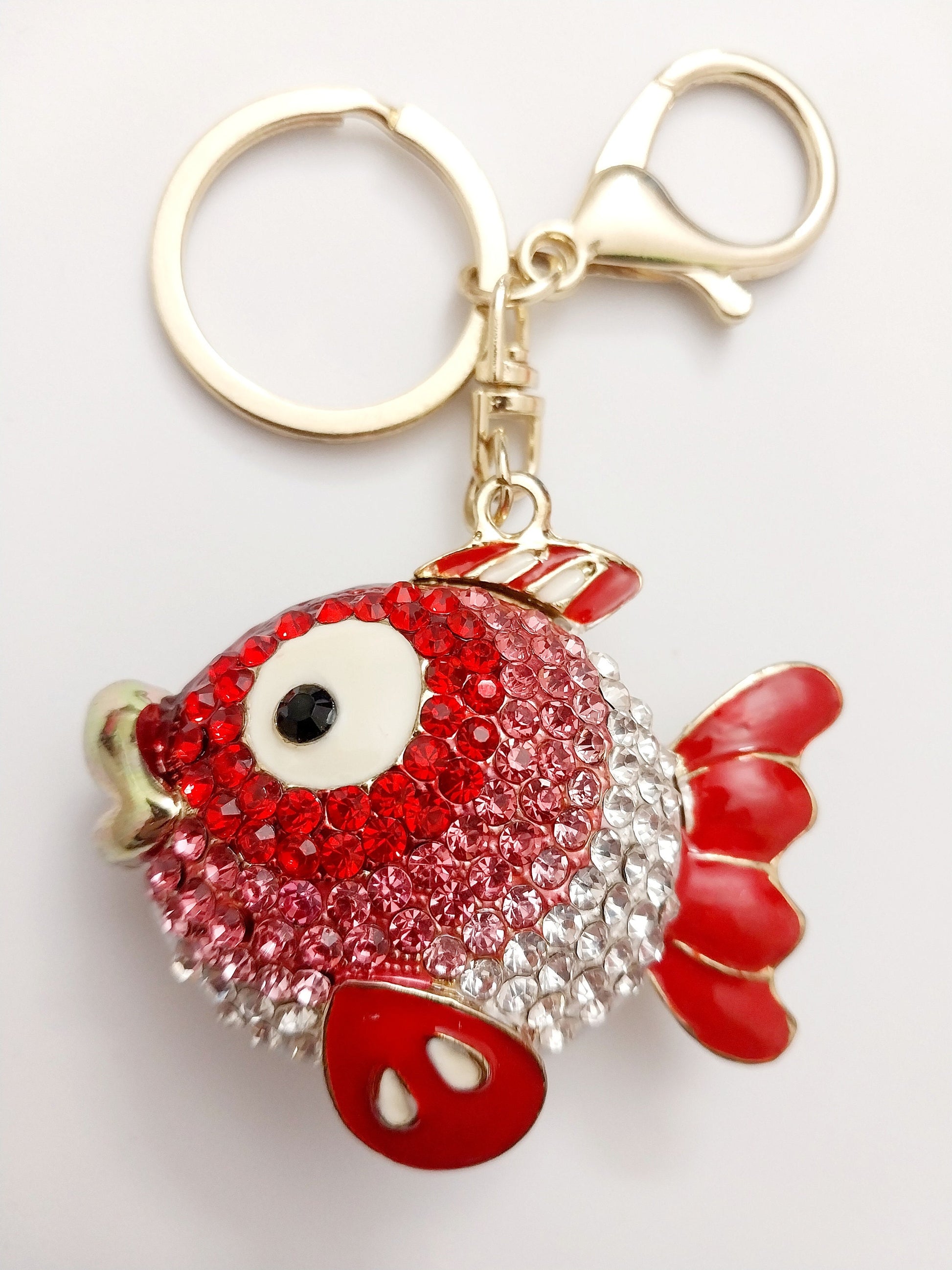 Golden Fish Keychain Colorful Fish Pendant Crystal Tail Fish Rhinestone Keychain