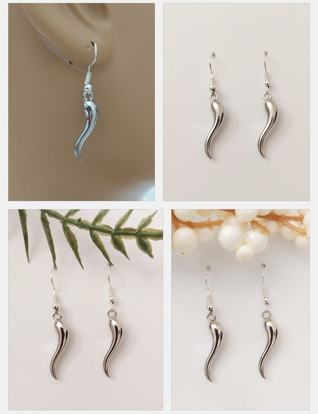 Italia Lucky Horn Earring Sterling Silver Shiny Dangle Earring Drink Earring Handmade New Design Unique Tadpole Earring Modern Art Earring