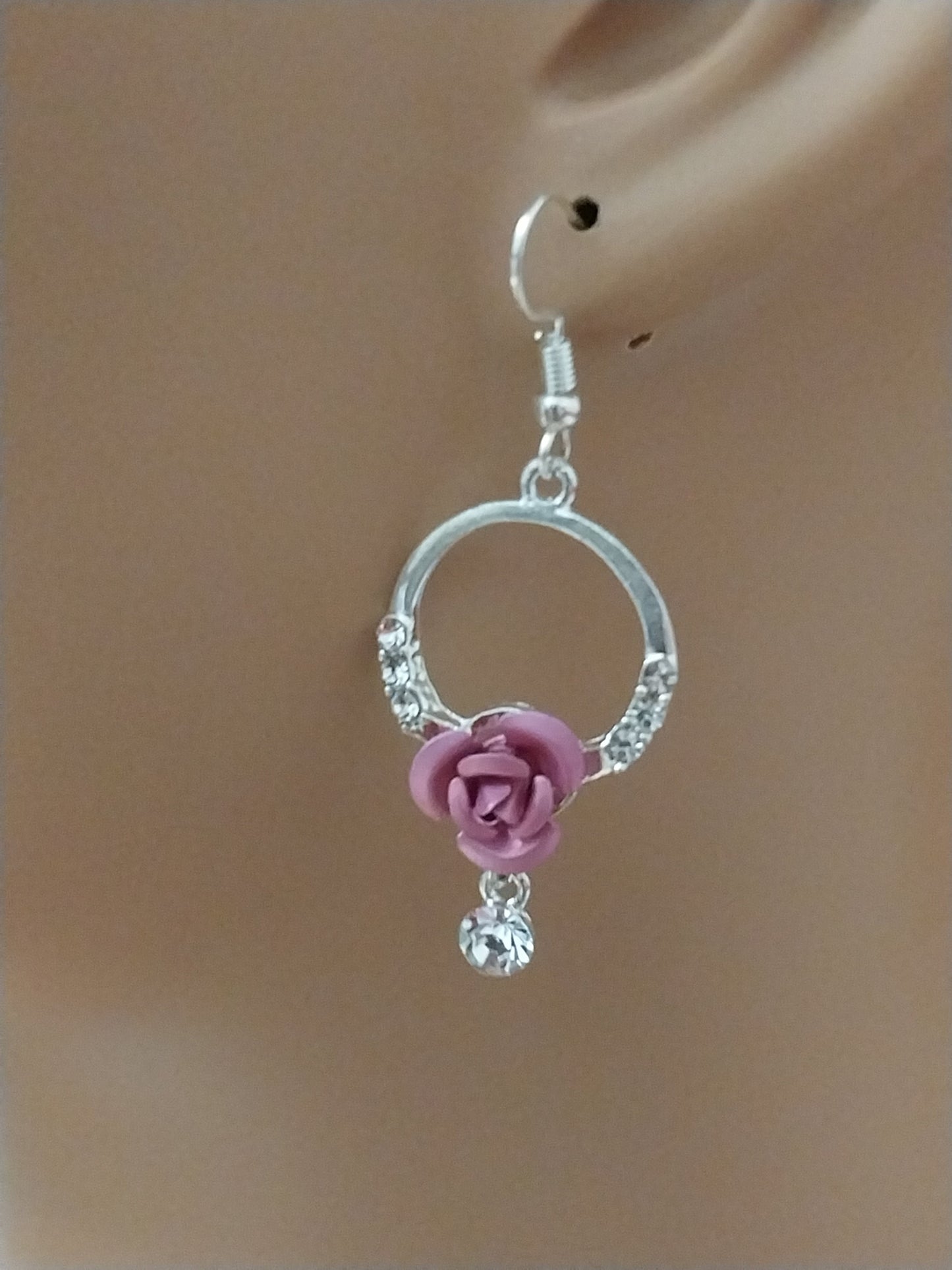 Crystal Pink Rose Flower Earrings Retro Style Rose Drop Earring Vintage Handmade Unique Earring