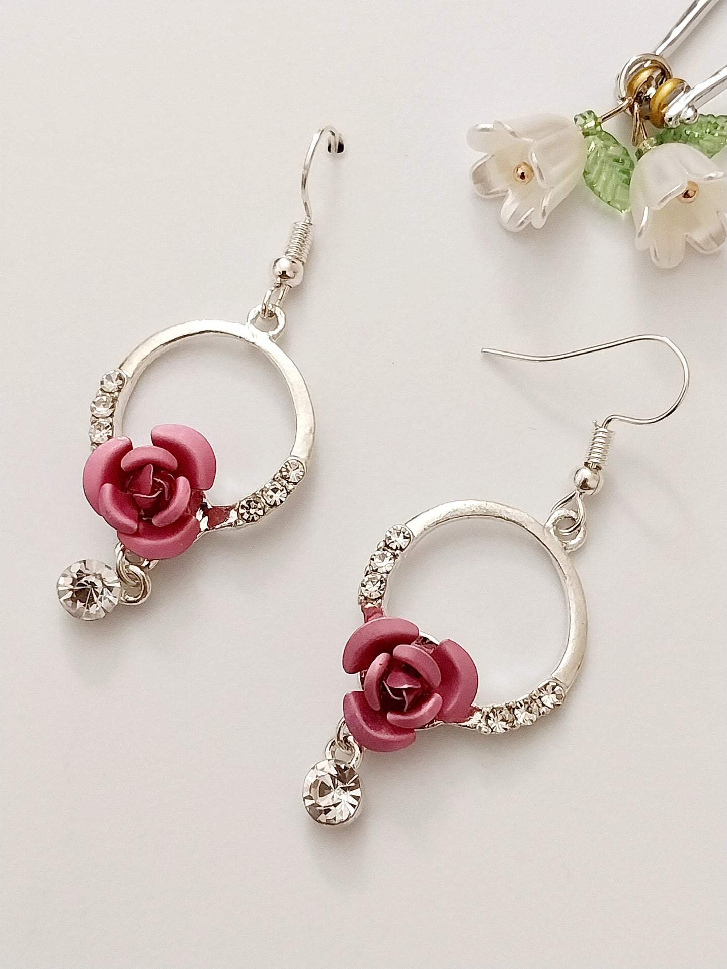 Crystal Pink Rose Flower Earrings Retro Style Rose Drop Earring Vintage Handmade Unique Earring