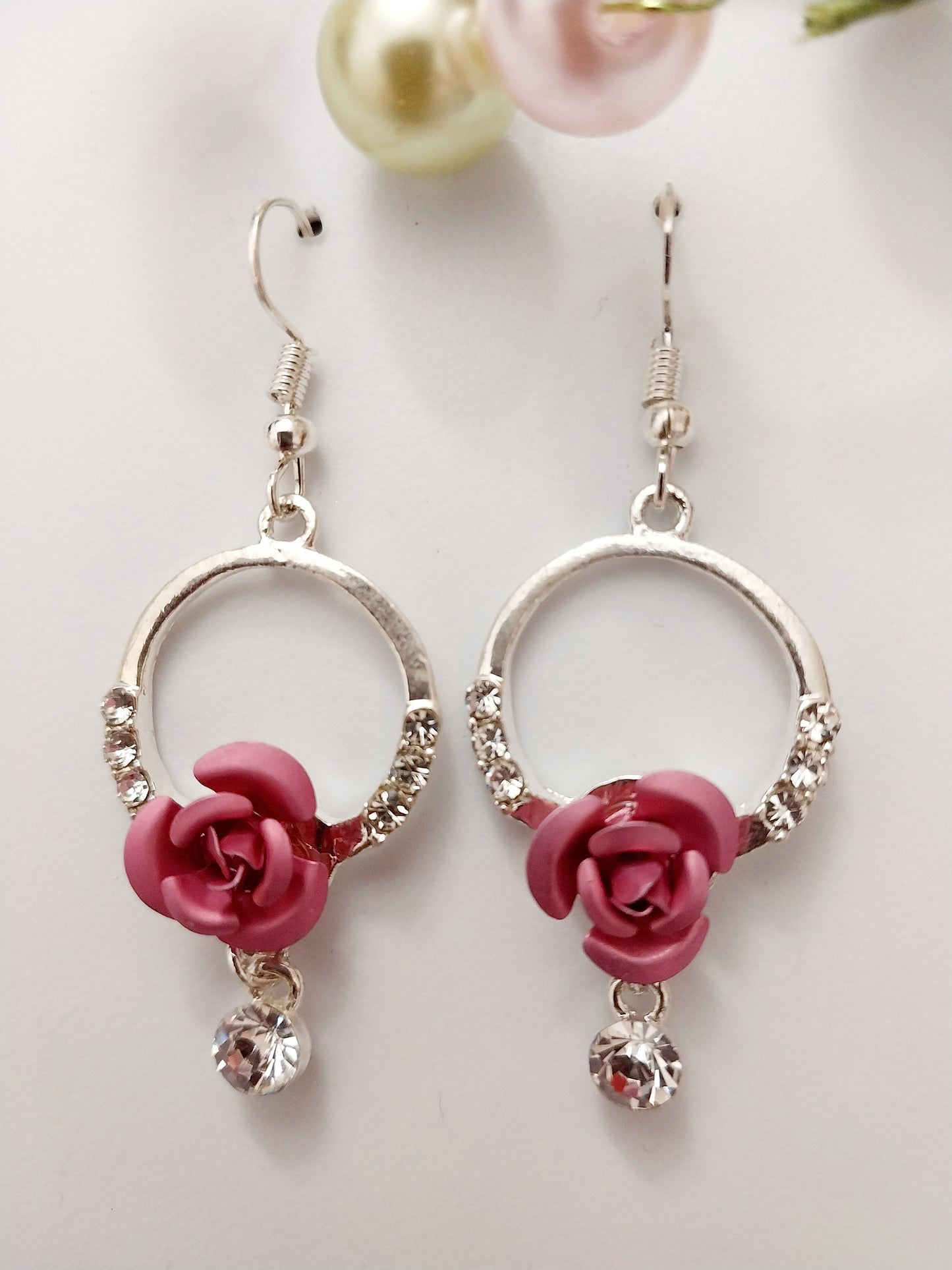 Crystal Pink Rose Flower Earrings Retro Style Rose Drop Earring Vintage Handmade Unique Earring