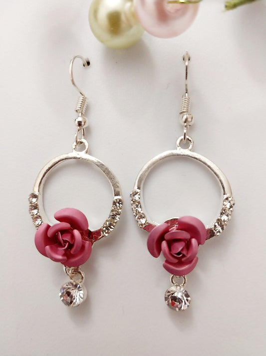 Crystal Pink Rose Flower Earrings Retro Style Rose Drop Earring Vintage Handmade Unique Earring