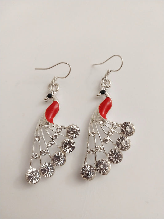 Peacock Earrings Sparkling Peacock Earrings Sterling Silver CZ Red Peacock Earrings New Design Peacock Bird Drop Earrings High Quality