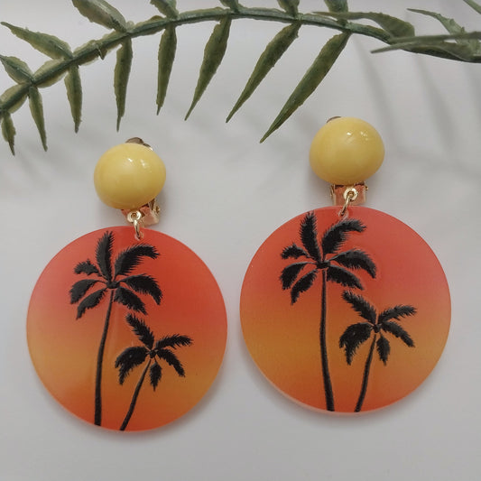 Palm Tree Sundown Earring Romantic Sunset Tree Earring Orange Circle Clip Earring Seashore Hawaii Earring Sunset Dream Fashion Earring