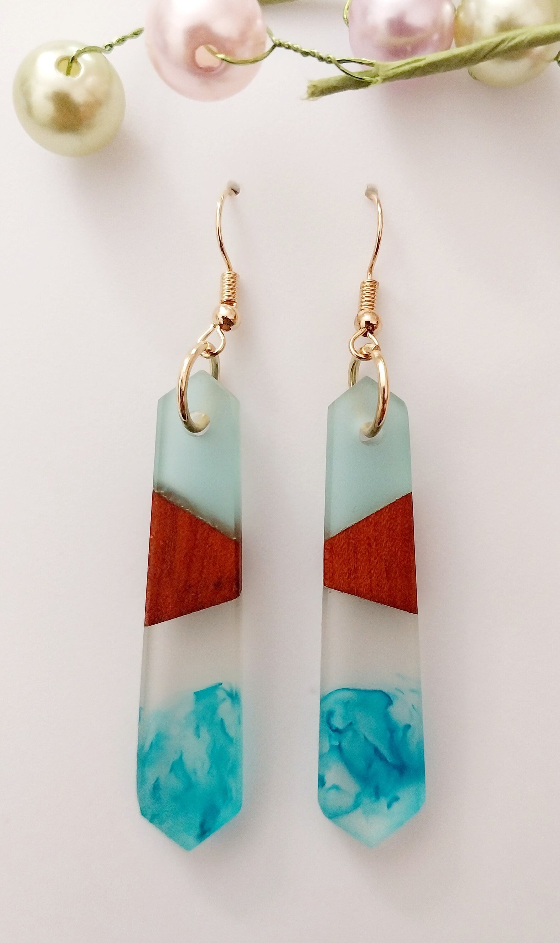 Long Retro Blue Earrings Sea Blue Swirl Wood Element Earring Blue River Drop Earring