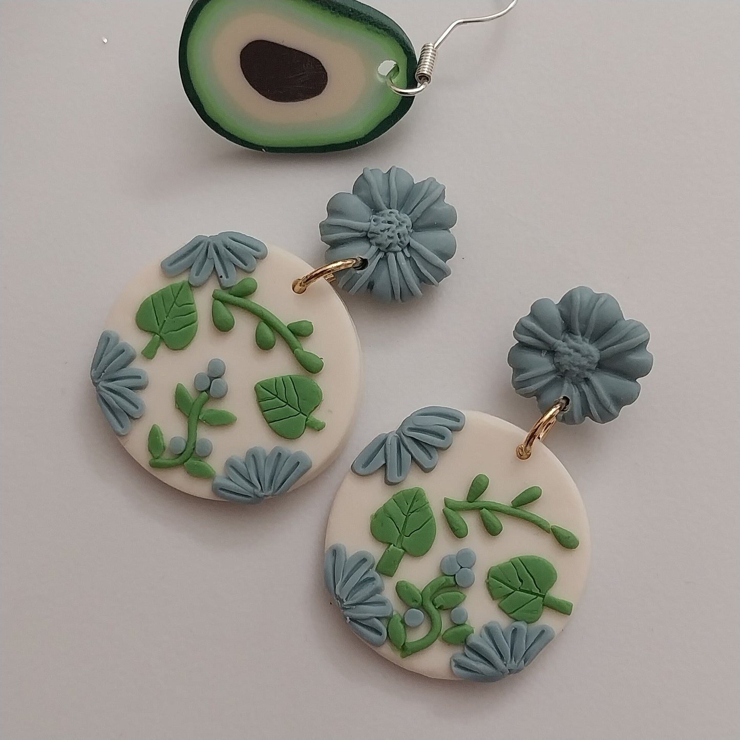 Handmade Blue Flowers Earring Polymer Clay Flower Earring Vintage Blue Clay Drop Earring