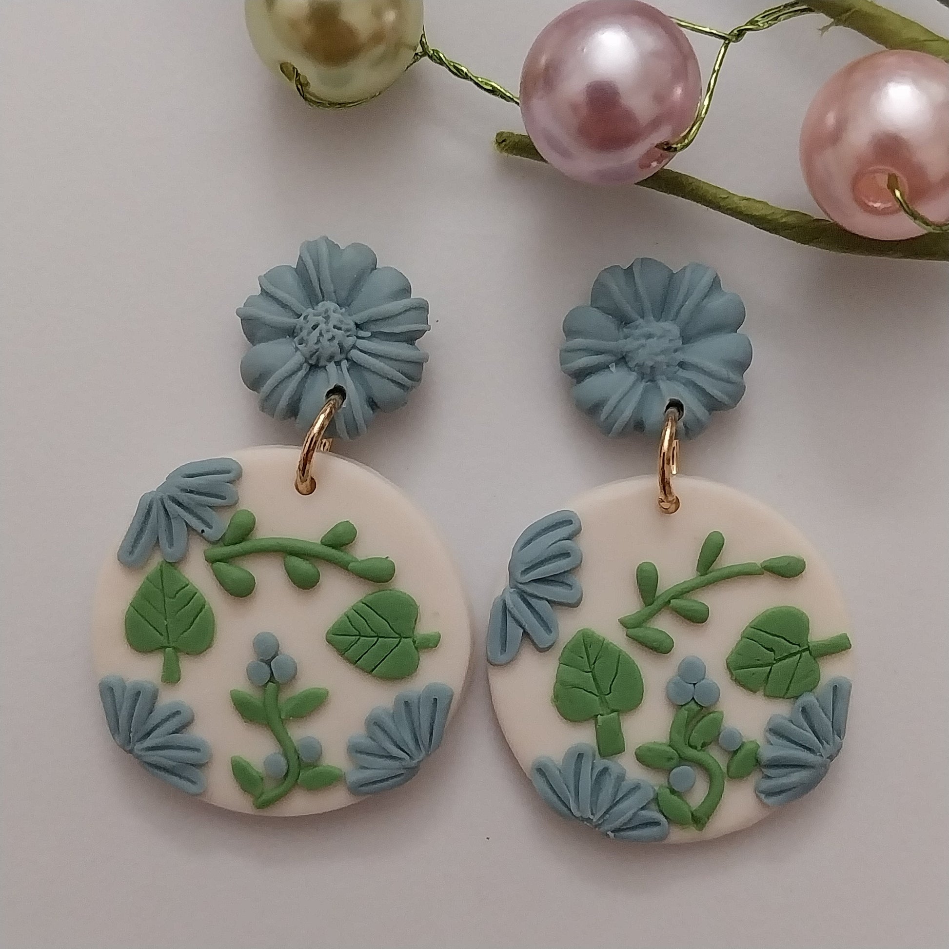 Handmade Blue Flowers Earring Polymer Clay Flower Earring Vintage Blue Clay Drop Earring