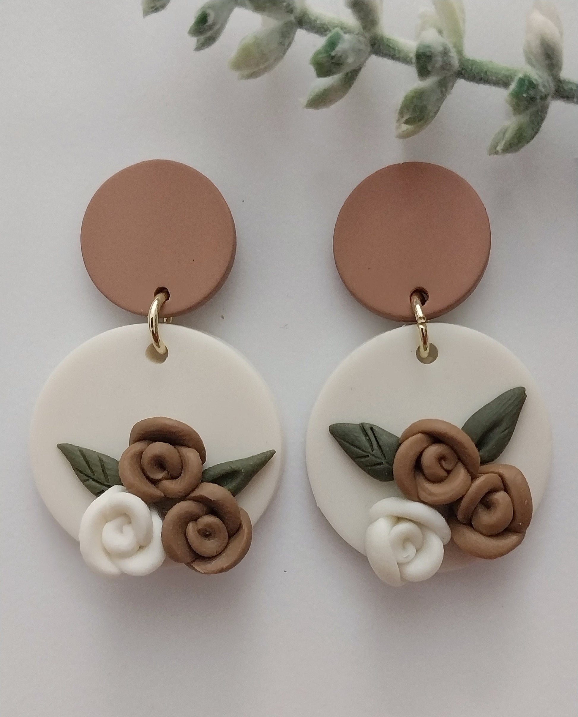 Brown Clay Flower Earrings New Design Polymer Clay Earring Brown White Rose Flower Drop Earring Floral Clay Handmade Earring Free Shipping