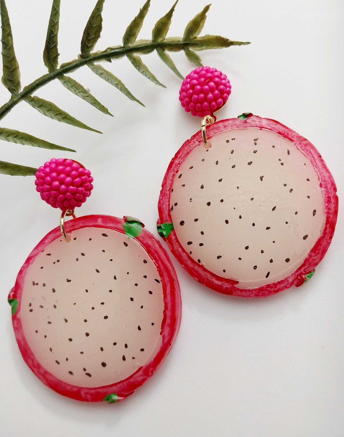 Double Dragonfruit Earrings Crystal Dragonfruit Ball Earrings Fruit Earrings Handmade Unique New Design Earrings Cute Fruit Clay Earrings